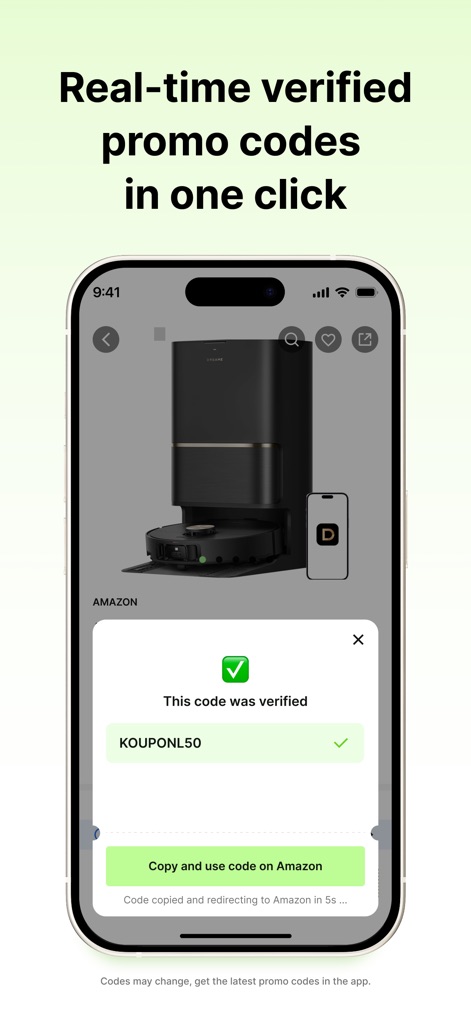 Koupon: Real Deals & Codes - Users can effortlessly apply verified promo codes directly from the app, which displays a clear 'code was verified' confirmation and a simple copy-and-use button.