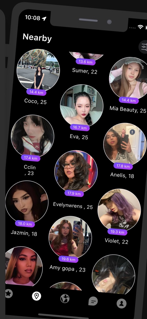 EZMatch: 18+ Dating,Meet&Flirt - Observe the 'Nearby' feature, allowing users to discover potential matches based on their location, with clear 'distance indicators' for each profile.