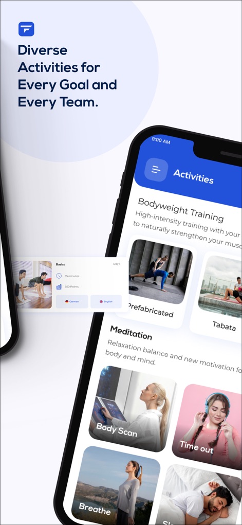 Teamfit - train as a team - O aplicativo oferece uma gama diversificada de atividades, incluindo categorias como "Bodyweight Training" para exercícios físicos e "Meditation" para bem-estar mental, adaptando-se a diferentes necessidades dos usuários.