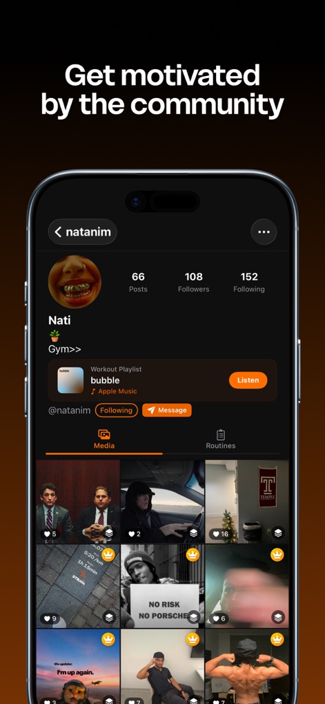 Built Workout - Users can engage with the fitness community through a comprehensive user profile display, featuring shared workouts and integration for workout playlists to motivate others.
