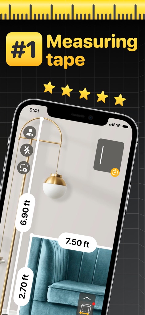 The Tape Measure & 3D Scanner - See how the app precisely measures object dimensions in real-time, displaying both horizontal and vertical distances like 6.90 ft and 7.50 ft.