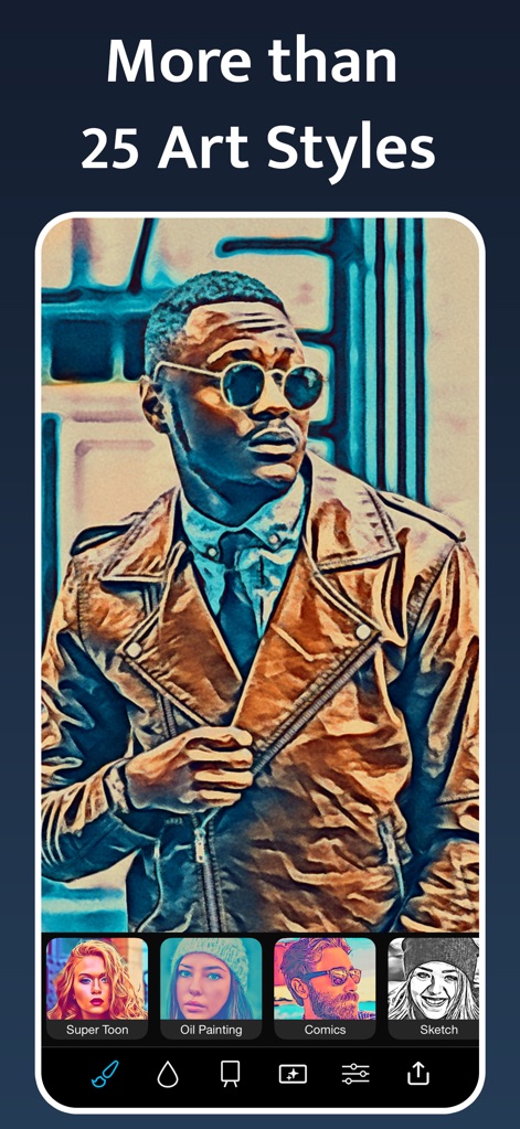 Instant Toon: Cartoon Art Cam - La aplicación ofrece una vasta selección de más de 25 estilos artísticos, permitiendo a los usuarios transformar sus fotos en obras únicas con diversas paletas de color y texturas. Las miniaturas en la parte inferior muestran una selección de estilos populares.