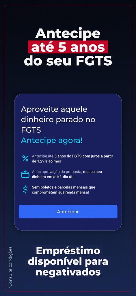 Digio: cartão de crédito - A interface detalha a possibilidade de 'Antecipar até 5 anos do seu FGTS', incluindo informações sobre os juros e a flexibilidade de 'Empréstimo disponível para negativados'.