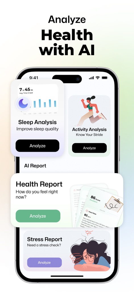 Wellance – AI Health & Balance - Explore dedicated sections for Sleep Analysis and Activity Analysis, powered by AI to provide detailed reports on user habits.