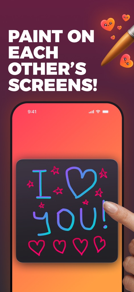 Lovio - Couples App & Widgets - Witness the real-time drawing widget in action, allowing users to send heartfelt "I Love You!" messages and adorn them with colorful hearts and stars directly on their partner's screen.