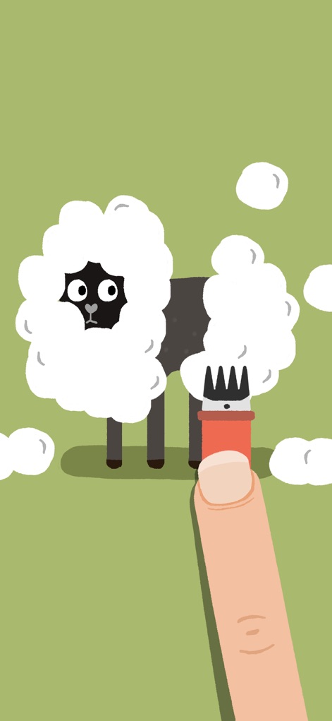 Satisgame - Um dedo utiliza uma ferramenta para tosquiar a lã de uma ovelha negra, revelando a ação satisfatória e a nuvem de lã fofa sendo removida.