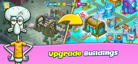 SpongeBob Adventures: In A Jam - Observe Squidward overseeing the transformation of structures, demonstrating the app's engaging building upgrade system and character involvement.