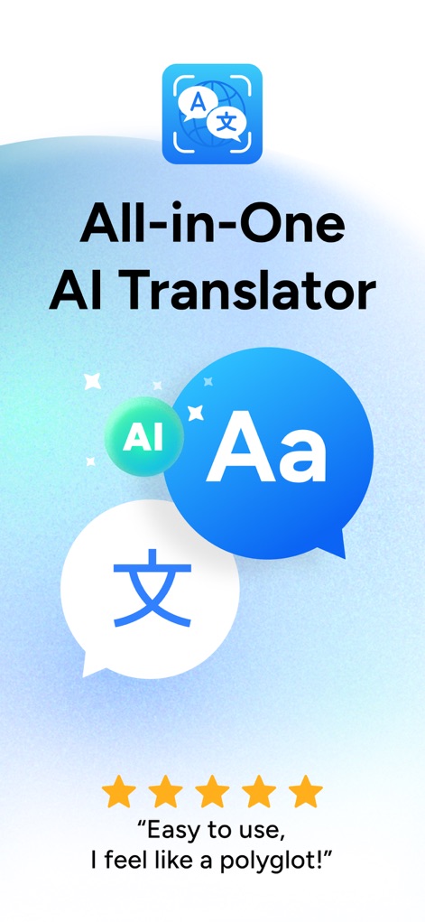 Translate AI • AI Translator - Esta interfaz inicial resalta la versatilidad de la aplicación, mostrando el **ícono intuitivo** con globos de diálogo y las **cinco estrellas de valoración** que denotan la satisfacción general del usuario.