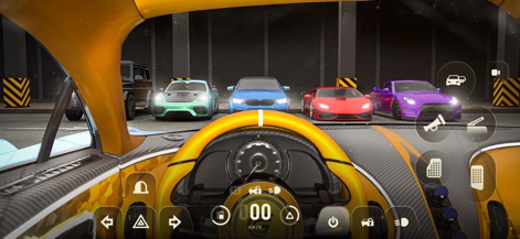 Grand Mobile: RP Open World - Experience the luxurious interior view of a high-performance vehicle, surrounded by a stunning collection of other customizable cars in a private showroom.