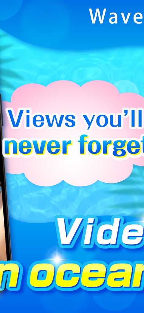 Whale: Video Chat & Adventure - La composition visuelle met en avant la promesse de "vues inoubliables" offertes par l'application, enrichie par un fond aquatique stylisé qui évoque la sérénité océanique.