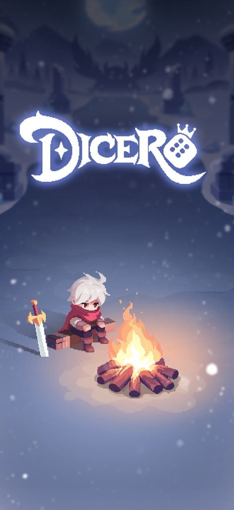 Dicero! - Appreciate the charming pixel art aesthetic in a serene campfire scene, featuring the iconic Dicero! logo and a hero resting amidst a snowy backdrop.