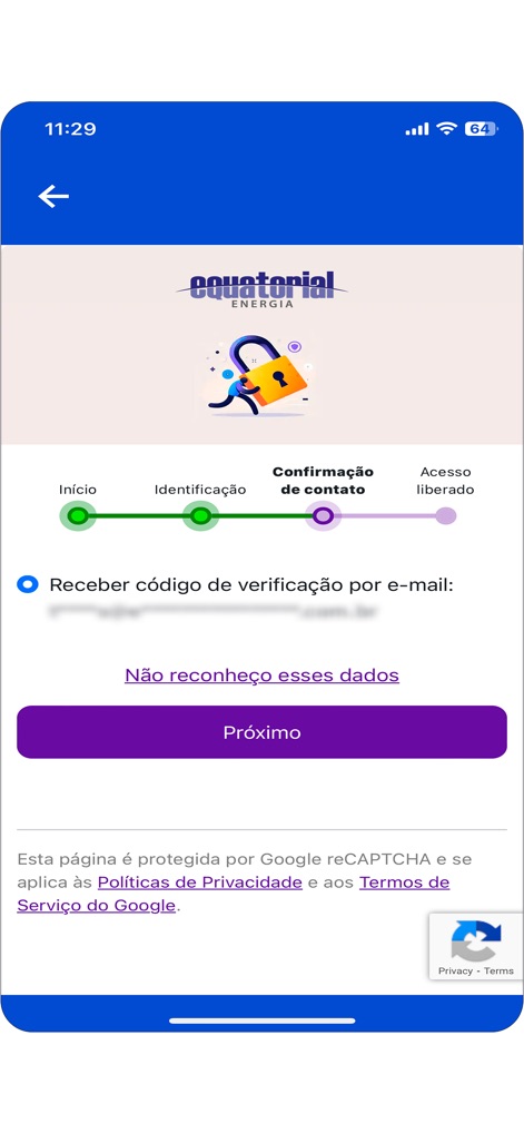 Equatorial Energia - La interfaz ofrece la opción de recibir un código de verificación por e-mail, con el paso de 'Confirmación de contacto' claramente resaltado en el flujo de seguridad.