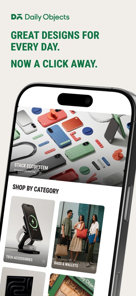 DailyObjects - See how the app's intuitive home screen organizes premium products into categories like "Tech Accessories" and "Bags & Wallets" for effortless browsing.