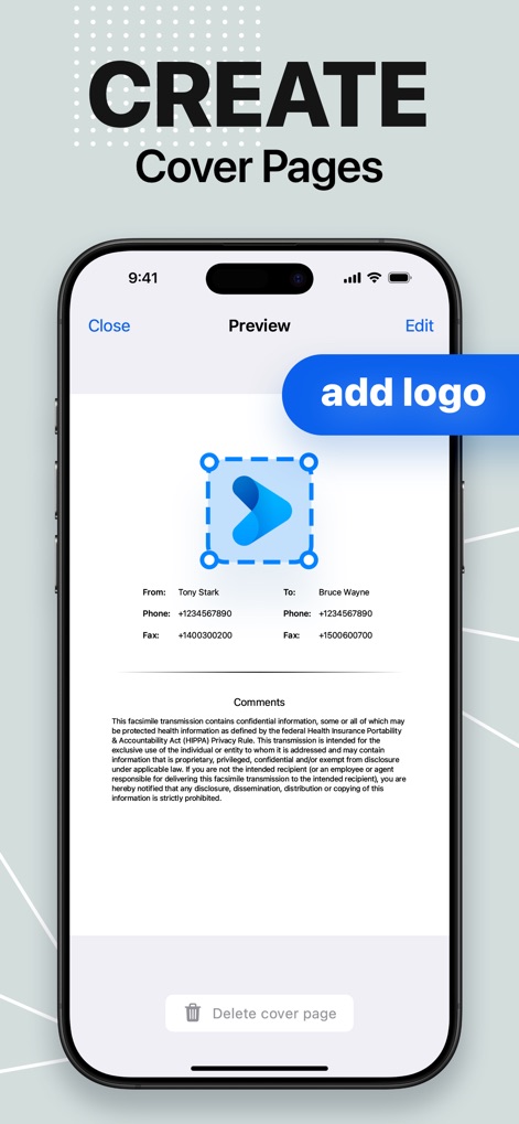 FaxFree: Send Fax From iPhone - Users can easily 'CREATE Cover Pages' for their faxes, customizing them with an 'add logo' option and inputting essential sender and recipient information.