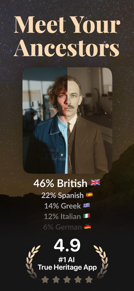 True Heritage & Ancestry: EDNA - Esta imagen central fusiona el rostro moderno del usuario con un retrato ancestral generado por la IA, destacando la asombrosa semejanza y la distribución porcentual de su herencia nacional, como el 46% británico.