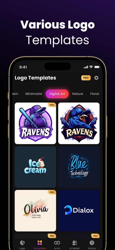 Arvin®: AI Product Photo Maker - Explore an extensive library of pre-designed logo templates categorized by style, such as 'Digital Art' featuring 'RAVENS' designs and 'Floral' options for diverse brand identities.