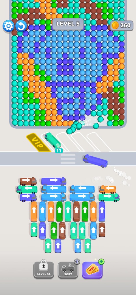 Bubble Bus: Parking Jam Puzzle - 色鮮やかなバブルで構成された背景に加えて、上矢印の車両が整然と並ぶ駐車スペースが示されています。