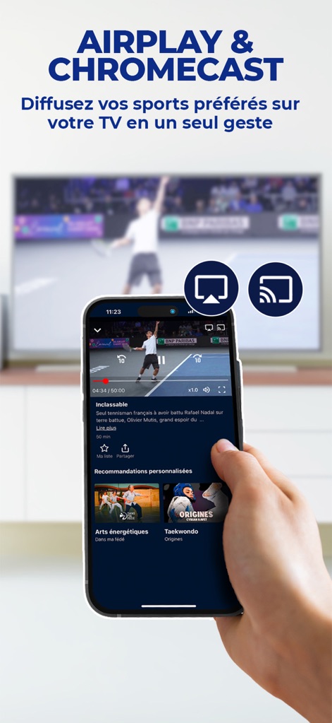 Sport en France - This feature enables users to effortlessly project live sports onto a television screen via dedicated AirPlay and Chromecast integrations, while retaining full control over playback directly from their mobile device.