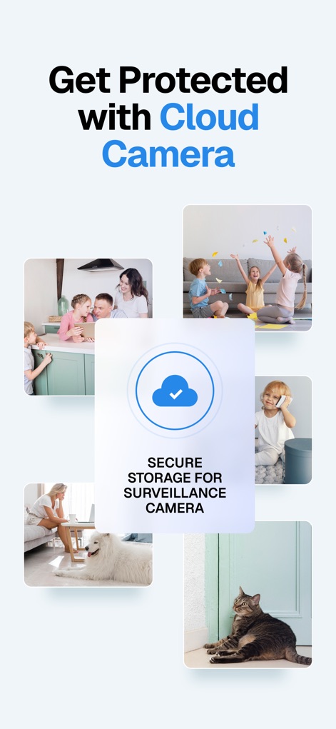 Home Security Camera - Visory - O aplicativo garante proteção com armazenamento seguro na nuvem, ilustrado pelo ícone da nuvem central, protegendo todas as gravações de vigilância.