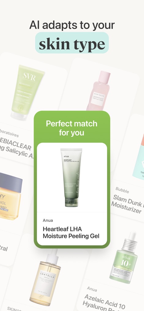 Lumi: The Skincare Scanner - Die App bietet personalisierte Produktempfehlungen, wie das "Perfect match for you" für das Anua Heartleaf LHA Moisture Peeling Gel, basierend auf dem individuellen Hauttyp des Nutzers.