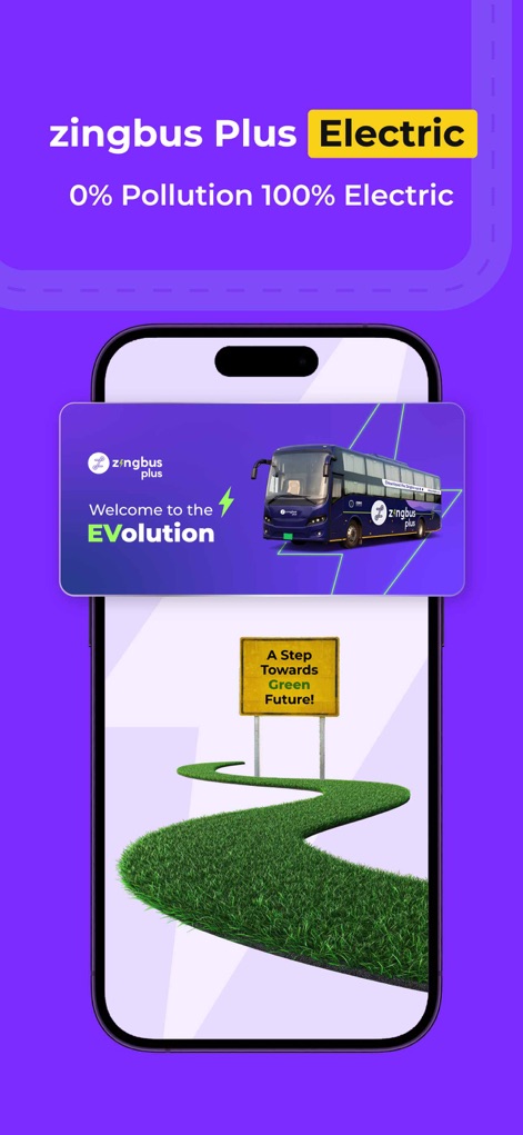 zingbus:Book Bus Ticket Online - This visual showcases the app's commitment to sustainability, highlighting the 'zingbus Plus Electric' initiative and the roadmap towards a 'Greener Future' for intercity travel.