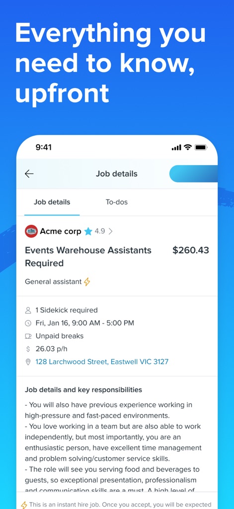 Sidekicker: Worker app - Users can access comprehensive 'Job details' and clearly see the 'total earnings' for the job, ensuring complete transparency.