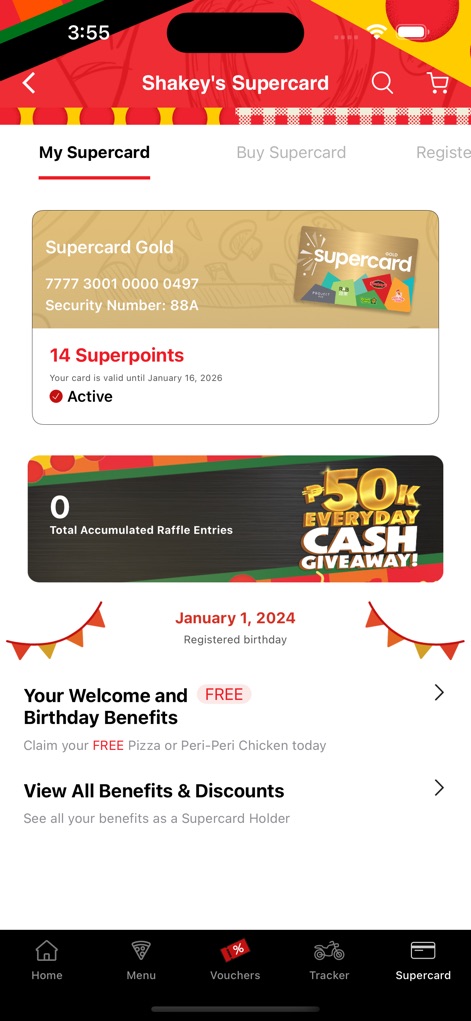 Shakey's Super App - Supercardの詳細画面では、「14 Superpoints」と「Total Accumulated Raffle Entries」の合計数が表示され、ユーザーはSupercardを通じて得られるポイントや抽選参加状況を一目で把握できます。