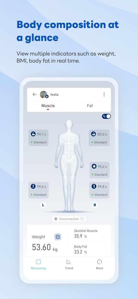 RelaxFit - Discover how the app presents real-time body composition metrics around an intuitive human silhouette and provides a quick overview of key indicators like weight and body fat percentage.