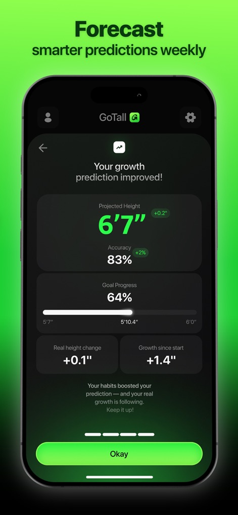GoTall - Height Predictor - Users can track their updated growth prediction and monitor their goal progress, seeing real-time changes in their projected height.