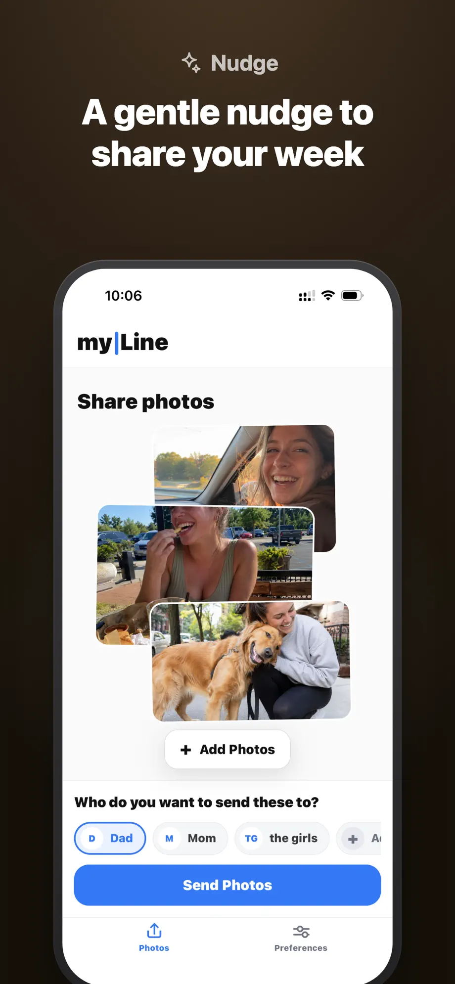 myLine app share screen: a gentle nudge to share your week, with recent photos ready to send to Dad, Mom, and the girls