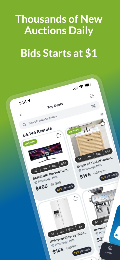 MAC.BID - Explore the app's dynamic feed showcasing a multitude of product listings complete with countdown timers and clear 'like new' labels.