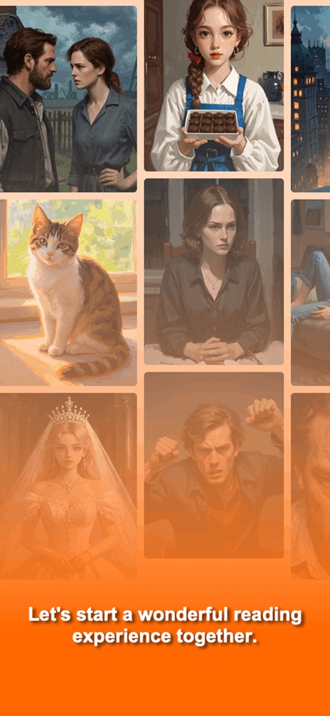 motonovel - Le variegate illustrazioni di personaggi e il messaggio invitante in sovrimpressione anticipano un'esperienza di lettura ricca e personalizzata per gli utenti.