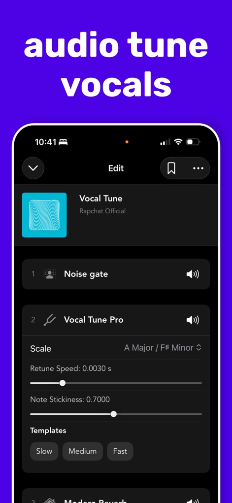 Rapchat: Music Maker Studio - The app provides advanced vocal tuning capabilities, allowing precise adjustments with 'Retune Speed' and 'Note Stickiness' sliders for perfect pitch.