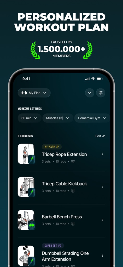 Befit: Gym & Home Workout Plan - The app delivers a personalized workout plan, featuring a clear 'My Plan' overview and detailed exercise breakdowns with specific sets and reps.
