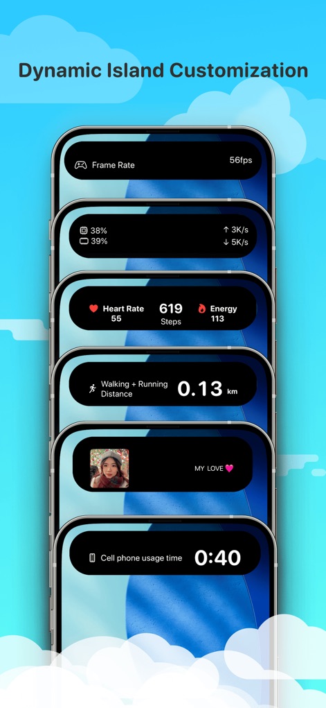 Island Widgets - Die Abbildung verdeutlicht die Anpassungsfähigkeit der Dynamic Island mit Anzeigen wie dem Echtzeit-Herzfrequenz- und Schrittzähler sowie der Überwachung der Bildschirmzeit.