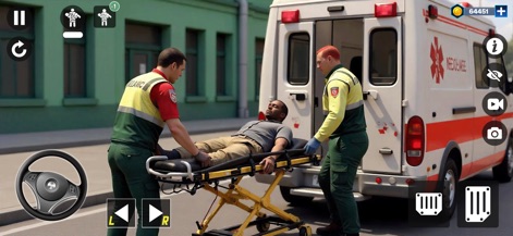 Ambulance Rescue Duty Game 3d - Observe paramedics efficiently loading a patient onto an 'ambulance stretcher', demonstrating the crucial step of 'patient transport' with the ambulance doors open.
