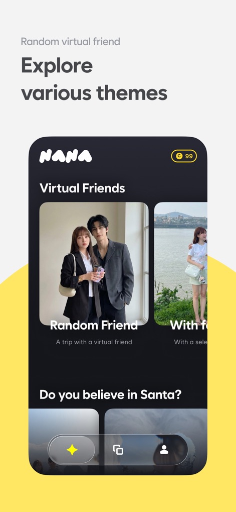 nana AI - Explore how the app presents a curated list of themes like "Virtual Friends," alongside a clear token indicator for usage management.