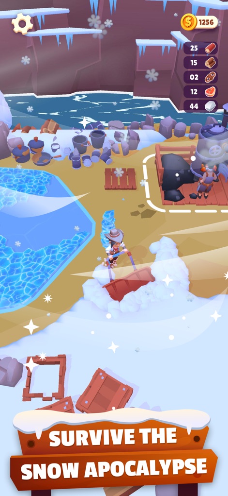 Gold Rush: Frozen Adventures - See the protagonist actively shoveling snow to clear paths and the distinct bubbling pot indicating crafting or processing.