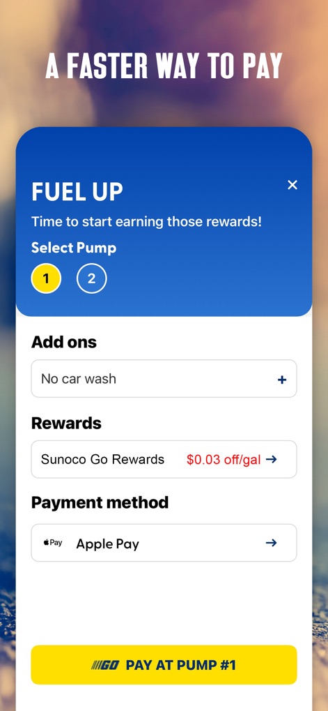 Sunoco - この画面では、ユーザーが給油ポンプを簡単に選択できる機能と、「$0.03 off/gal」と表示される報酬適用状況を確認できる点が視覚的に示されています。