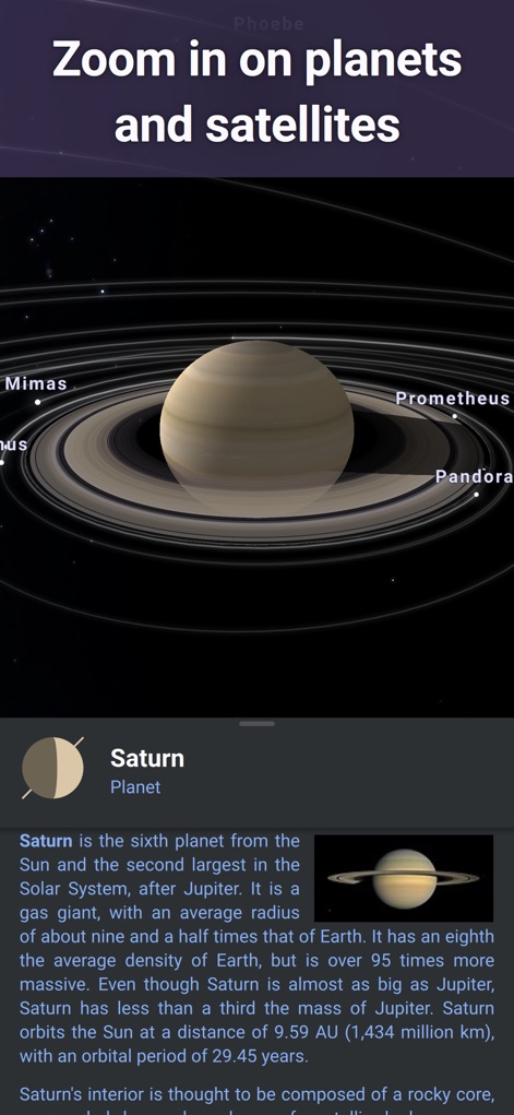 Stellarium Mobile - Star Map - Explore breathtaking 3D renderings of solar system planets, including Saturn's rings and moons, accompanied by comprehensive astronomical data.