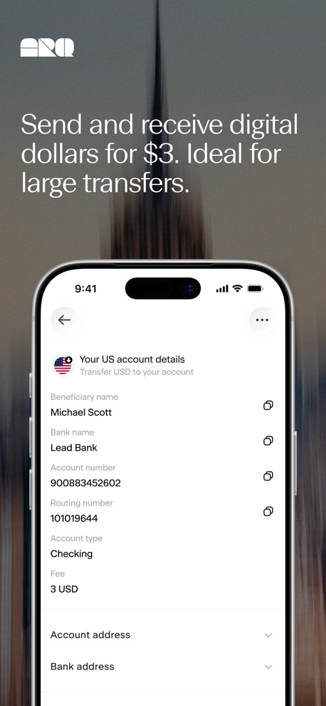 ARQ (formerly DolarApp) - The app provides detailed US account information including beneficiary name and bank routing number, allowing for efficient international digital dollar transfers with a transparent $3 USD fee.