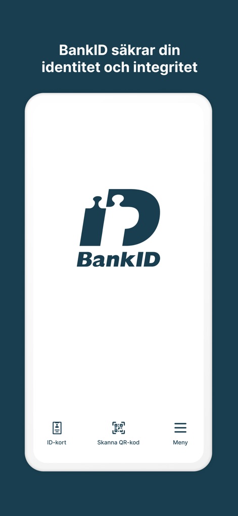 BankID Security App - Discover the app's intuitive interface, showcasing the prominent BankID logo and a clear bottom navigation bar for quick access.
