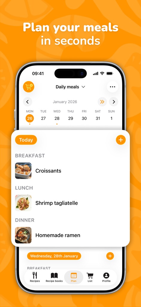 CookNest・Save Your Recipes - The app provides a clear weekly calendar view for meal scheduling and allows users to easily add meals for Breakfast, Lunch, and Dinner.