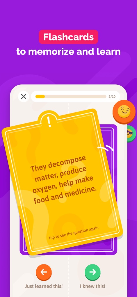 SchoolMouv - AI Tutor & Quiz - Plongez dans l'efficacité des flashcards, où un concept est présenté et l'utilisateur peut choisir entre "Just learned this!" ou "I knew this!" pour personnaliser son parcours d'apprentissage et renforcer sa mémorisation.