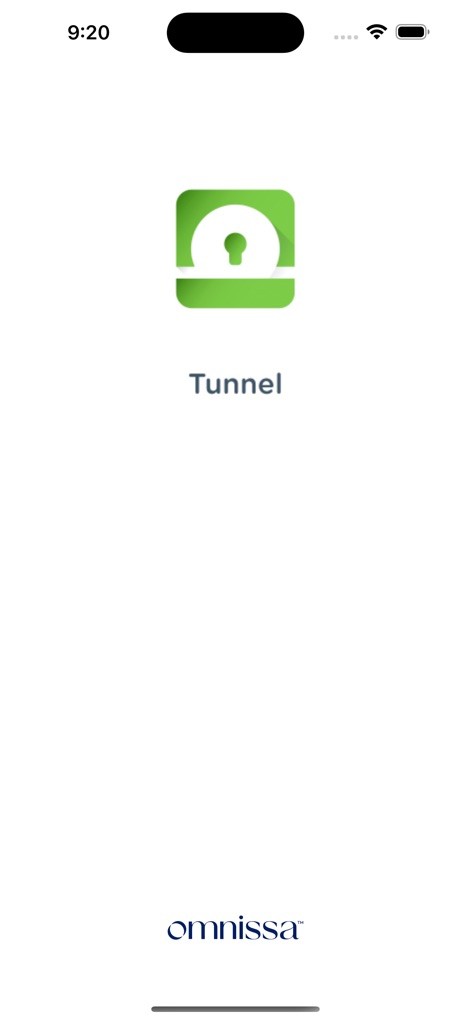 Tunnel - Workspace ONE - Discover the app's initial branding, featuring its distinctive green keyhole icon and the clear 'omnissa' company logo, establishing its professional identity.