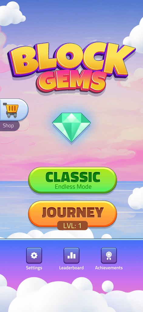Block Puzzle - Gems Adventure - Der Startbildschirm der App wird dargestellt, hervorgehoben durch das markante "Block Gems"-Logo und die Auswahl zwischen dem "CLASSIC"- und "JOURNEY"-Spielmodus.