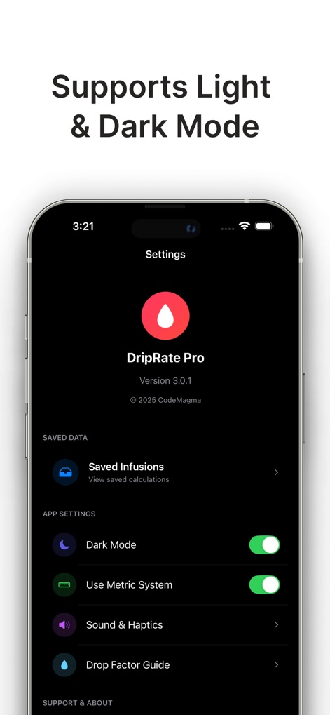 Drip Rate Infusion Calculator - driprate-pro-dark-mode-settings