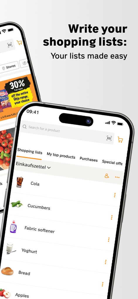 Coop supermarket - Nutzer können ihre Einkaufszettel übersichtlich mit Produkten wie "Cola" und "Gurken" organisieren und über die Tabs auf vergangene Einkäufe oder Top-Produkte zugreifen.