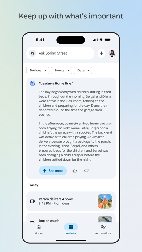 Google Home App Store screenshot 2, headline “Keep up with what's important”. Blue.