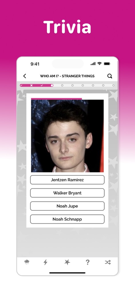 Famous Birthdays - This feature engages users with interactive trivia games, such as 'Who Am I?', presenting celebrity images and multiple-choice answer options.